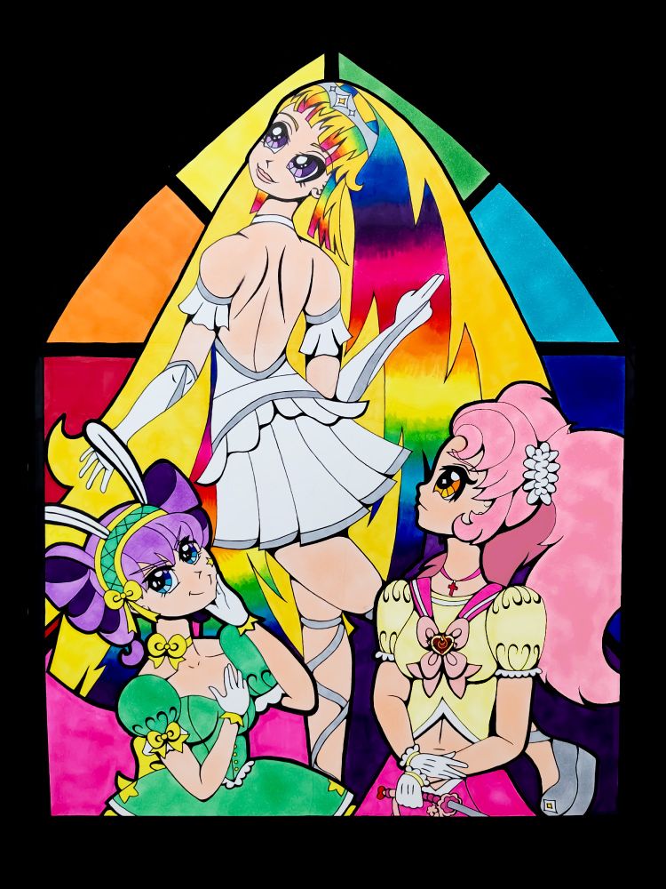 A traditional media illustration of Haruko, Sasha, and Akiko, three characters from the novel, rendered in marker and ink. The visual style and composition mimics that of stained glass church windows. Pink-haired Sasha gazes up at tall, goddess-like Haruko with a slightly concerned look on her face while Akiko, dressed in a green Lolita dress, looks away from both of them with a sarcastic smile. (All images on neko-neko-nana.com have comprehensive human-written alt text.) 