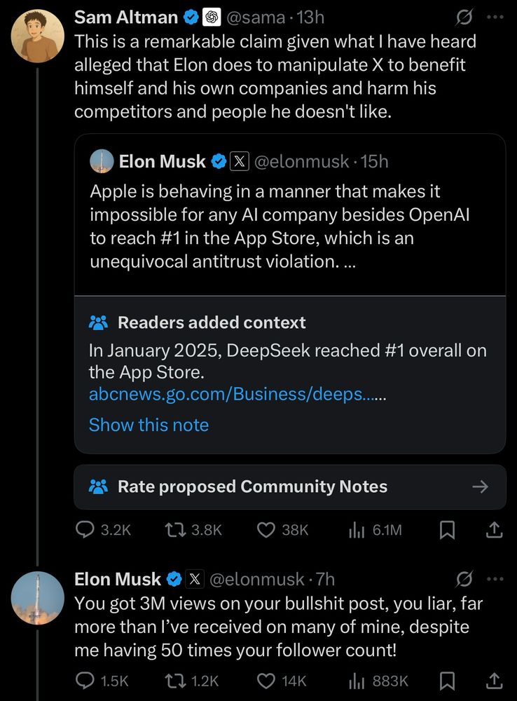Sam Altman
@sama • 13h
This is a remarkable claim given what I have heard alleged that Elon does to manipulate X to benefit himself and his own companies and harm his competitors and people he doesn't like.
Elon Musk
@elonmusk • 15h
Apple is behaving in a manner that makes it impossible for any Al company besides OpenAl to reach #1 in the App Store, which is an unequivocal antitrust violation. ...
Readers added context
In January 2025, DeepSeek reached #1 overall on the App Store.
abcnews.go.com/Business/deeps.....
Show this note
Rate proposed Community Notes
→
• 3.2K
17 3.8K
38K
Ill 6.1M
Elon Musk
@elonmusk • 7h
You got 3M views on your bullshit post, you liar, far more than l've received on many of mine, despite me having 50 times your follower count!
1.5K
t, 1.2K
14K
Ill 883K