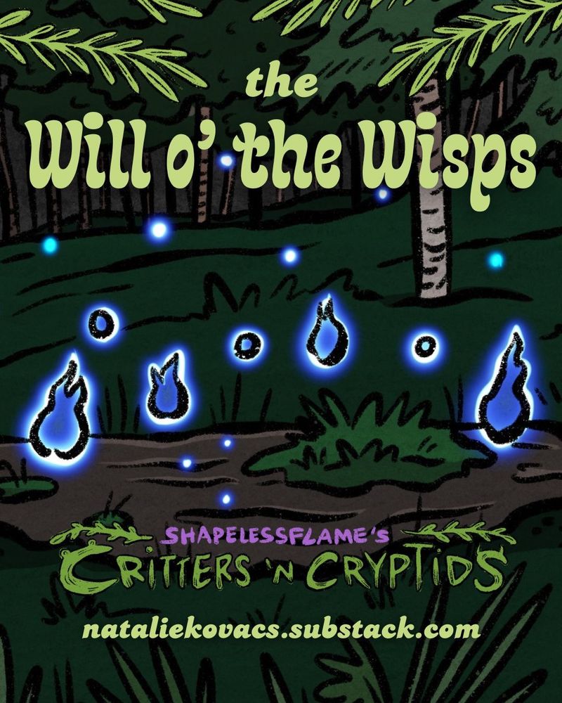 Will o’ the wisps illustration (blue flaming lights above a bog). Text reads: “The Will o’ the wisp. Shapelessflame’s critters ‘n cryptids / nataliekovacs.substack.com