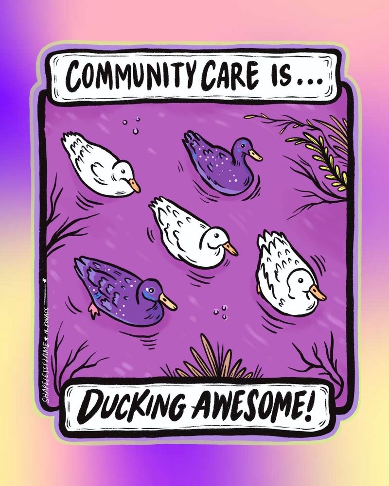 An illustration of 5 ducks with the text: Community care is ducking awesome!