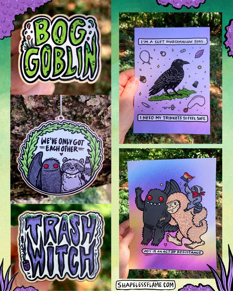 A collage of photos featuring two wooden pins, a wooden ornament, and two art prints featuring raccoons, Mothman, and a crow. 