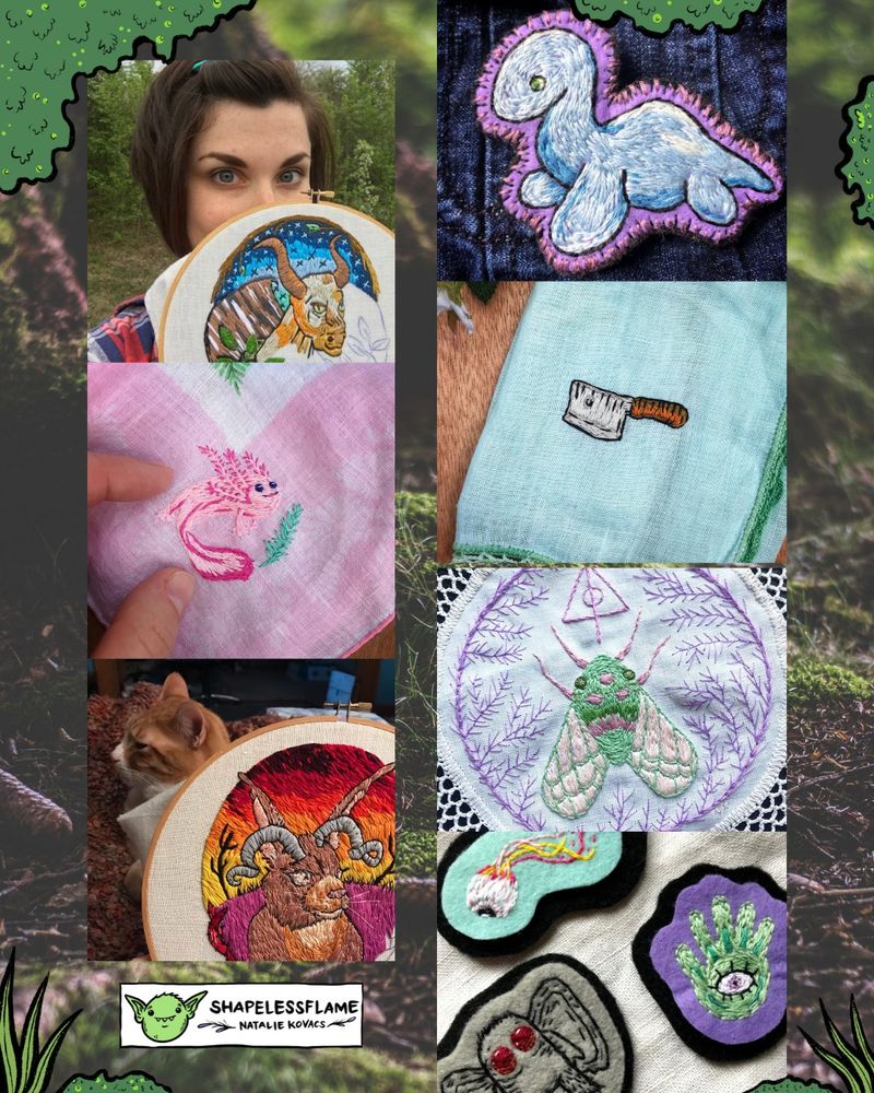 A photo collage of various hand embroidery projects: Jersey Devil, an axolotl, a small little cleaver, several felt patches, a jackalope, and Nessie. 