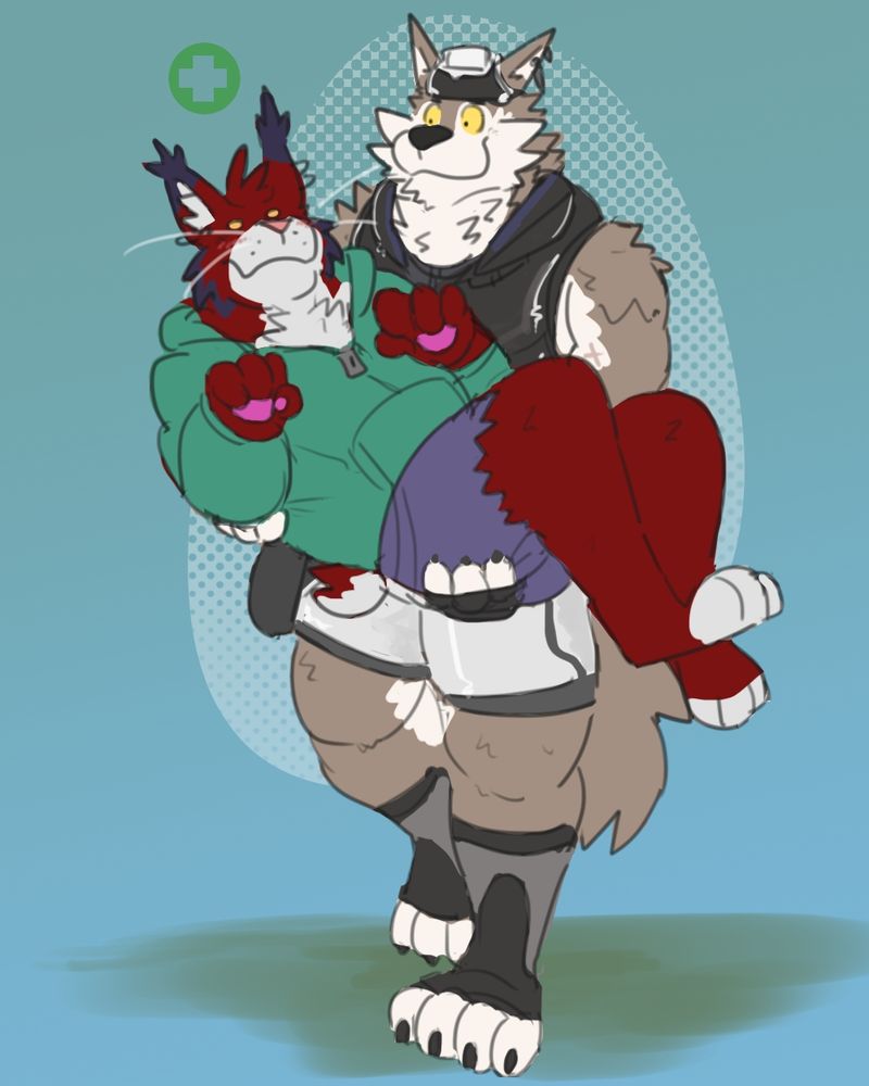 My sona, Guy, with a downed symbol over his head blushing as Wendell fortnite comes to his rescue