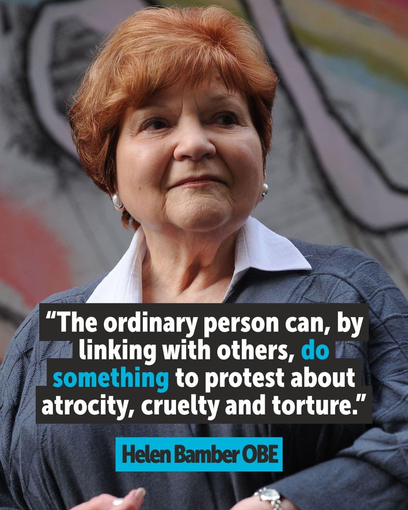 Photo of founder of Freedom from Torture and quote