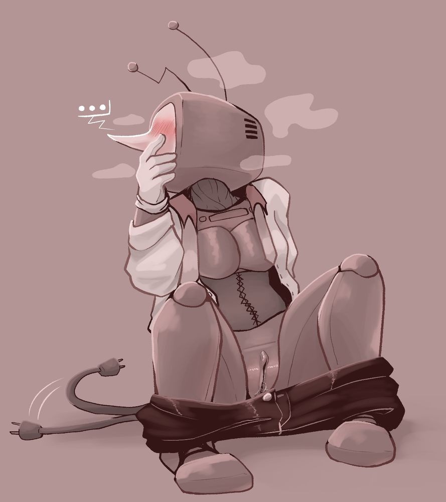 deltarune nsfw fanart // Tenna sits on the ground, shirt open and tie undone, slacks unbuttoned and pulled down to show his pussy which is a bit wet. His tail thrashes back and forth as he looks away, covering his mouth with a bluch on his face. Steam surrounds his embarrassed head.