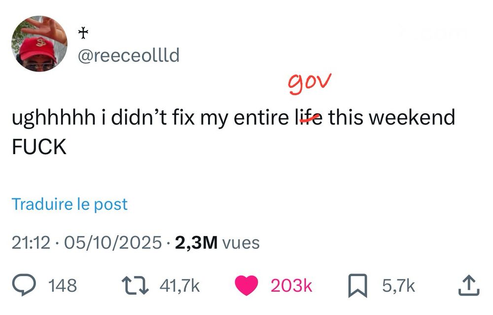 Screen d’un tweet viral 
ughhhhh i didn't fix my entire life this weekend FUCK
Le life est barré et corrigé avec le mot “gov”