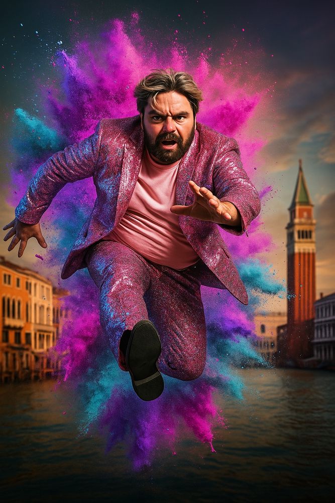 Ein Mann in einem glitzernden rosa Anzug springt mit ausdrucksstarker Pose durch die Luft, umgeben von einer farbenfrohen Explosion aus pinkem und blauem Pulver. Im Hintergrund verläuft ein Kanal durch eine städtische Szenerie mit pastellfarbenen Gebäuden und einem markanten Turm, der an venezianische Architektur erinnert.