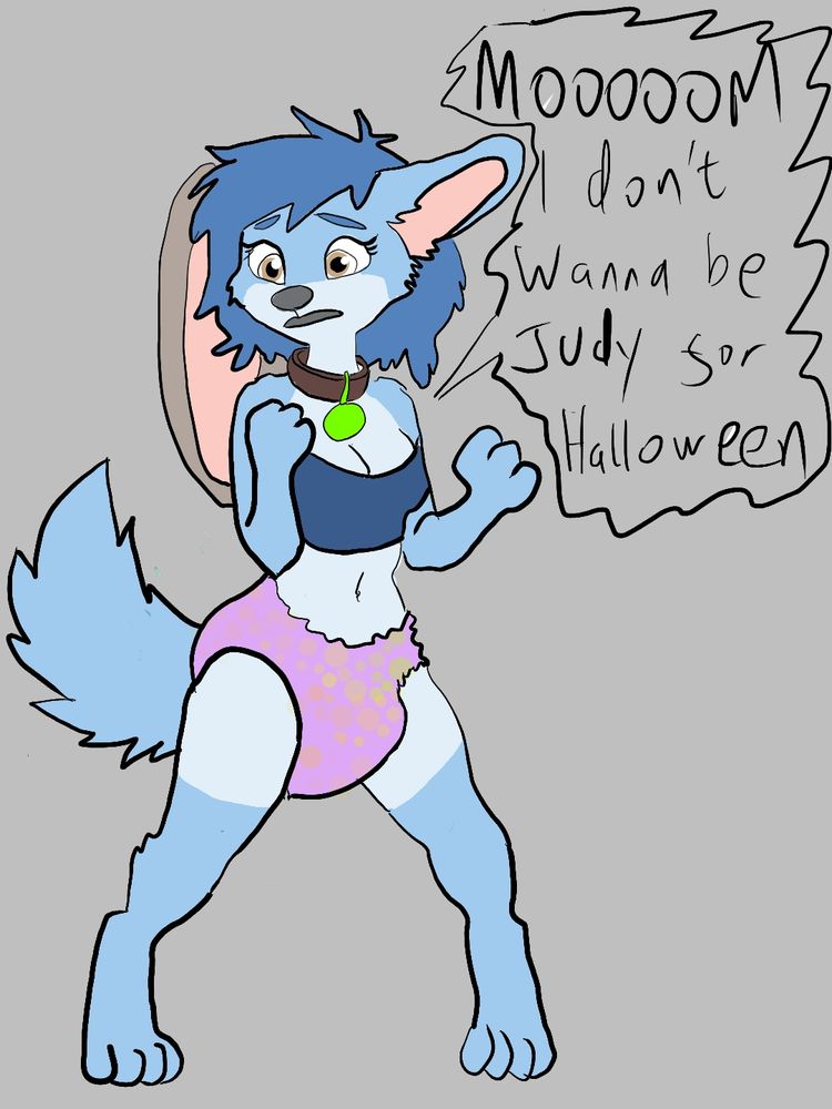 A blue wolf in a diaper and police vest complains her costume may be more accurate than she wanted as she starts to change into a baby bun 