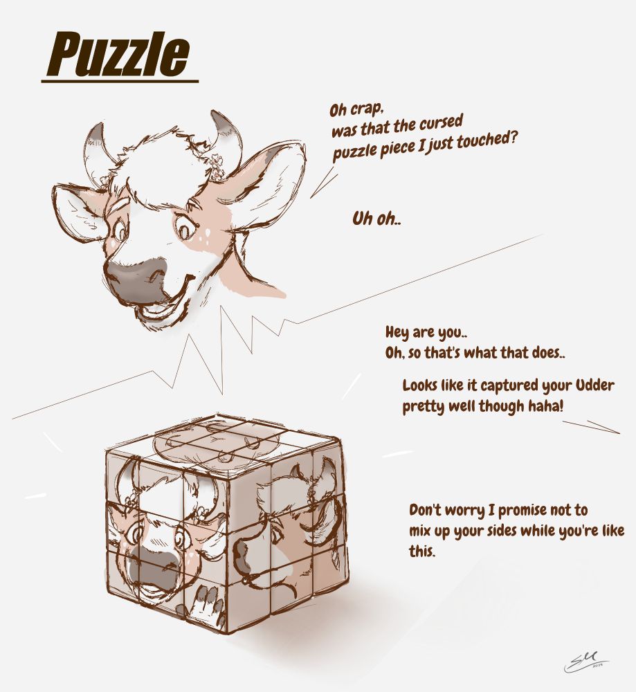 Moo touches a cursed puzzle piece and gets transformed into a rubik's cube knockoff.