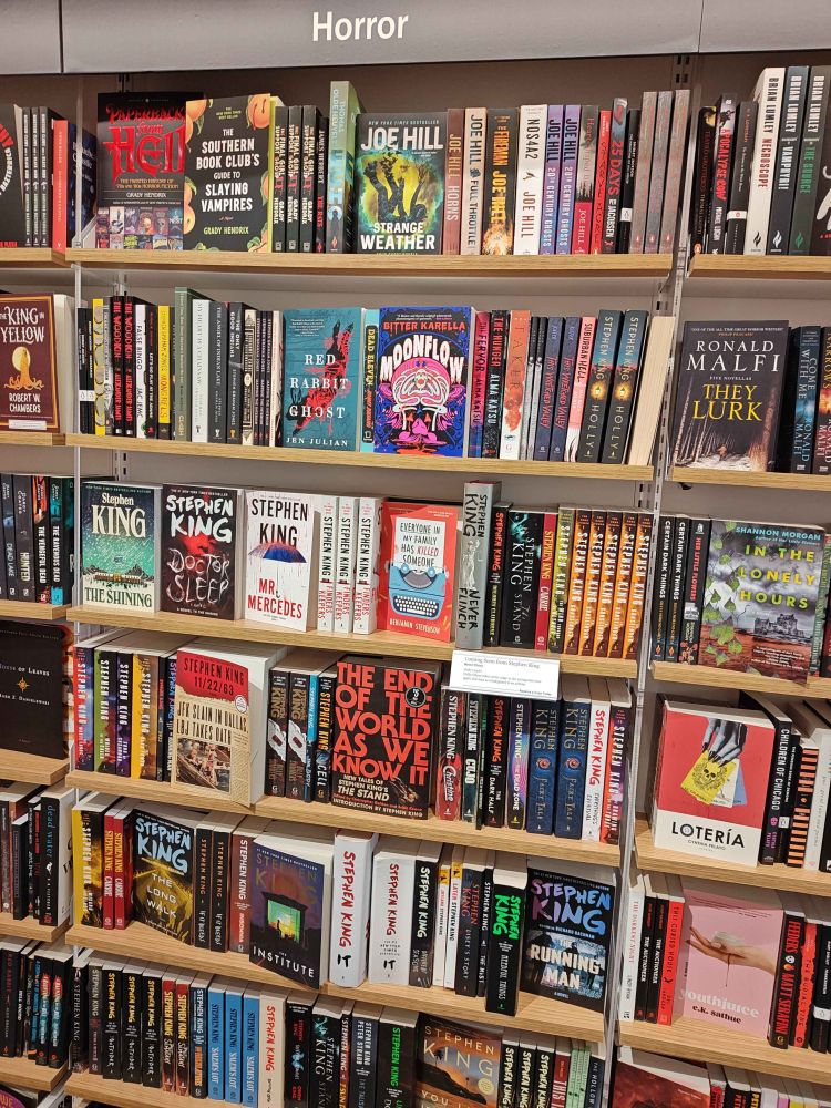 Photo of a bookshelf in the horror section of a Barnes & Noble with several outward-facing paperbacks, with Moonflow on the second shelf