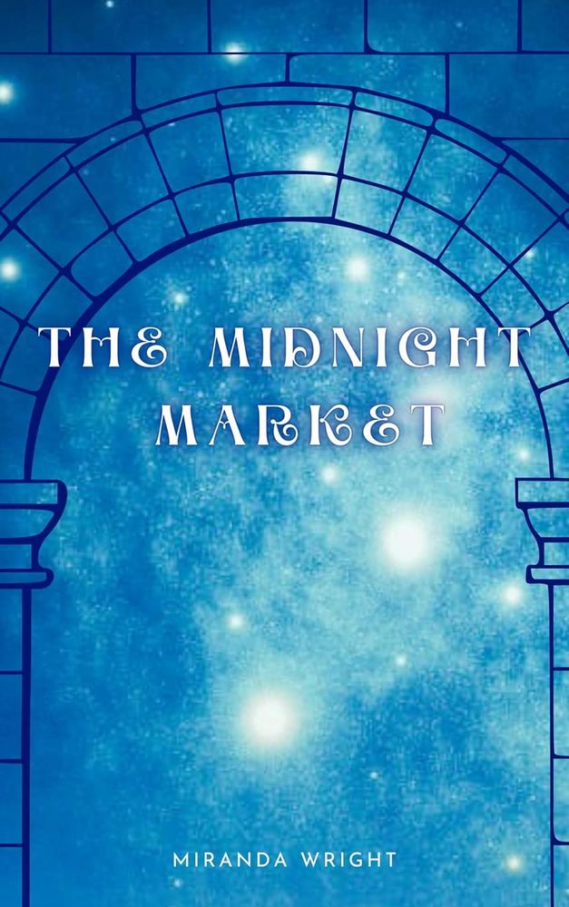 Cover for The Midnight Market (2022) by Miranda Wright showing the linework of a stone/brick building with a curved blue archway on a starry blue and white background