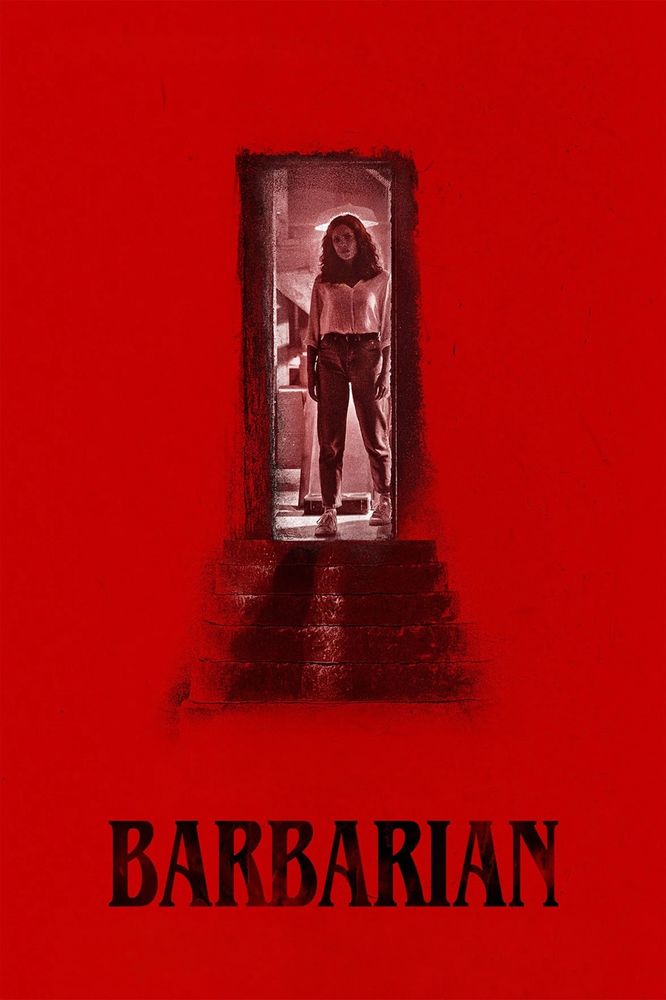 Poster for Barbarian (2022) featuring Tess (Georgina Campbell) standing in a doorway above a set of stairs leading downward and in the center of a completely red background with the movie title below the stairs 