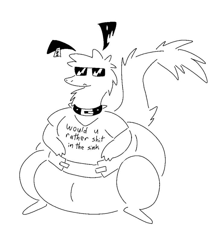 Kibble in a shirt that says "would u rather shit in the sink"