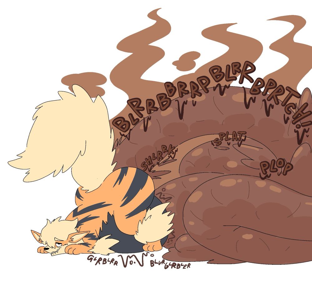 Arcanine with a massive bloated gurgling belly pushing out a mound of manure bigger than their entire body 