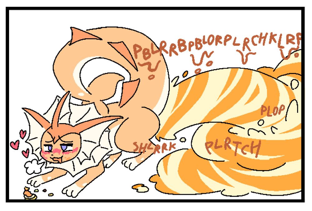 Orange vaporeon pushing out some orange soft serve sherbet from their bowels sighing and drooling with euphoric pleasure 