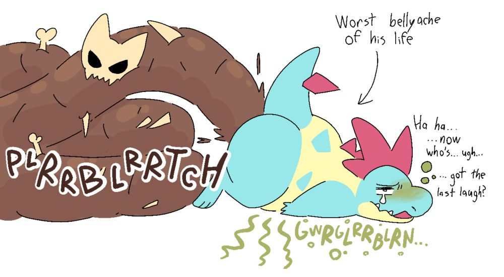 Croconaw on his gurgling belly pushing out a massive heap of bone ridden logs containing a floragato skull. 

“Ha ha… now who’s… ugh… got the last laugh?”

There’s an arrow pointing to him reading “worst bellyache of his life”