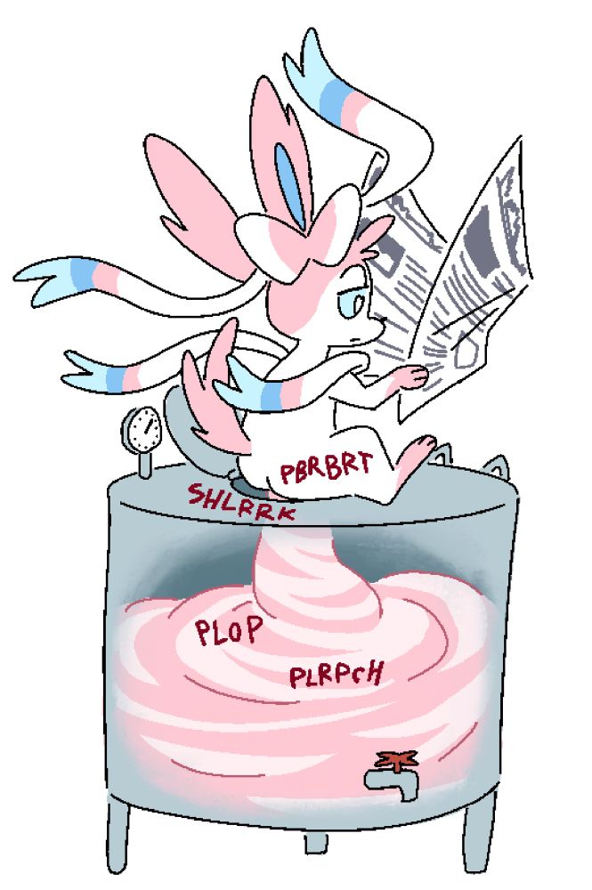 Sylveon reading a newspaper and pushing out a load of strawberry ice cream from their rump sitting on a vat like a toilet 