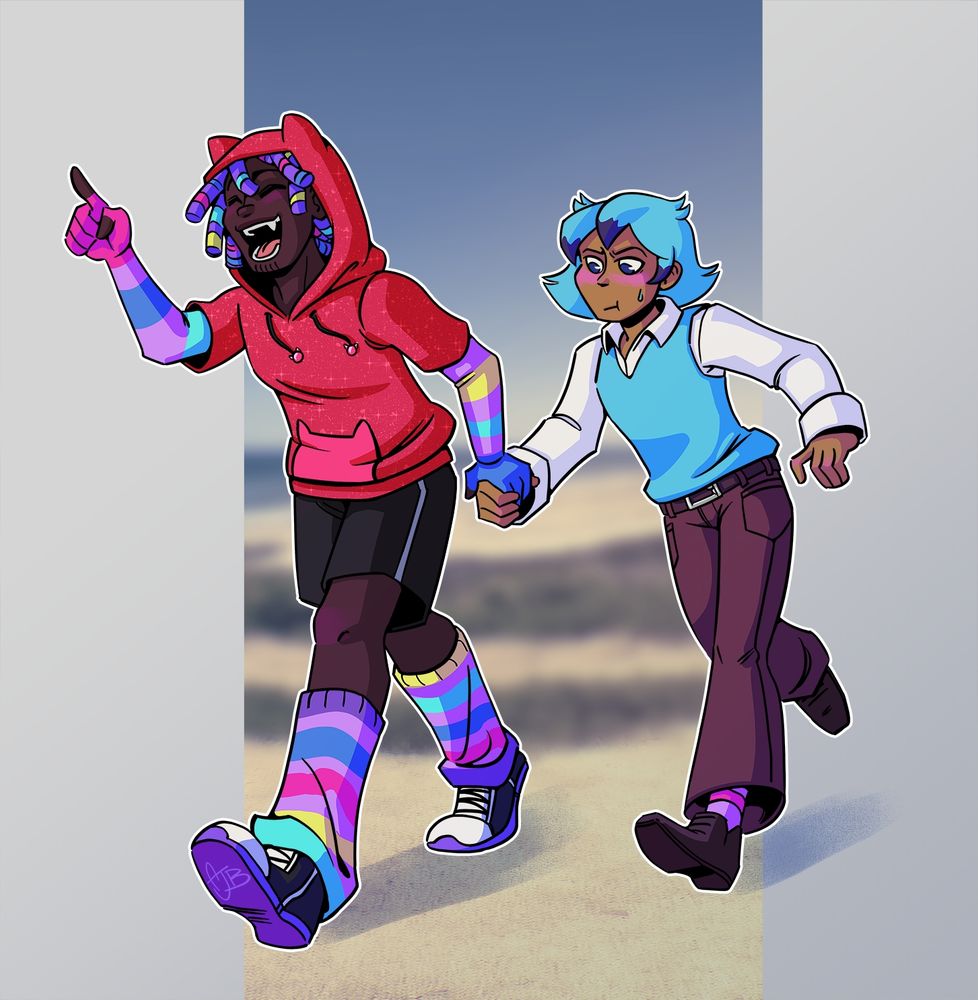 Two full body characters in full color, holding hands and walking. The one in the front is smiling with an open mouth and pointing forward without noticing the more bashful expression of the one behind them. There is a gray background, but down the center is a strip of a photo of the beach that has been heavily blurred and recolored. Meant to give the impression of the characters walking along the beach. The character in front is a human interpretation of the character DJ Catnip from Gabby's dollhouse and the character behind is a human interpretation of the carriage or CatRat from the same show - both being fan characters of the artist who commissioned the piece!