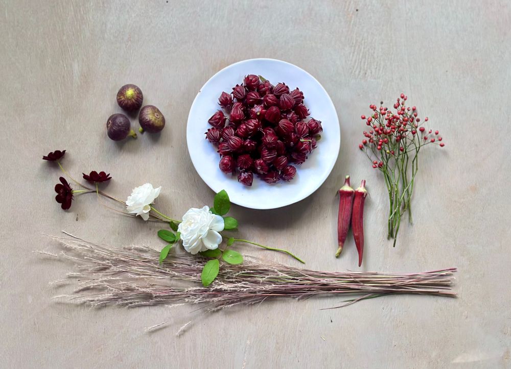 ローゼル、いちじく（ブリジャソットグリース）、赤オクラ、ノイバラの実、バラ（ウィンチェスターカテドラル）、チョコレートコスモス、スキザリウムの穗