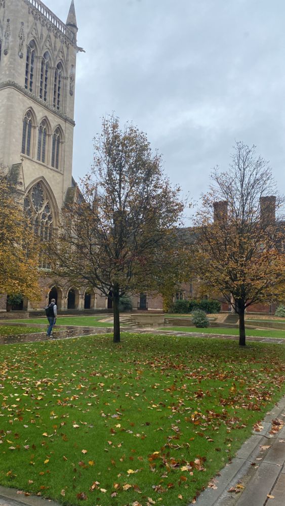 An autumnal picture of Chapel Court at St John’s College Cambridge, trees in centre and the chapel on the left. Grey sky and wet paths