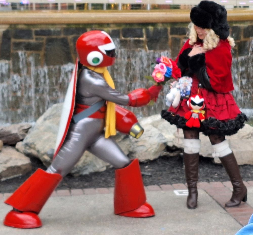 Proto Man offering flowers to Kalinka