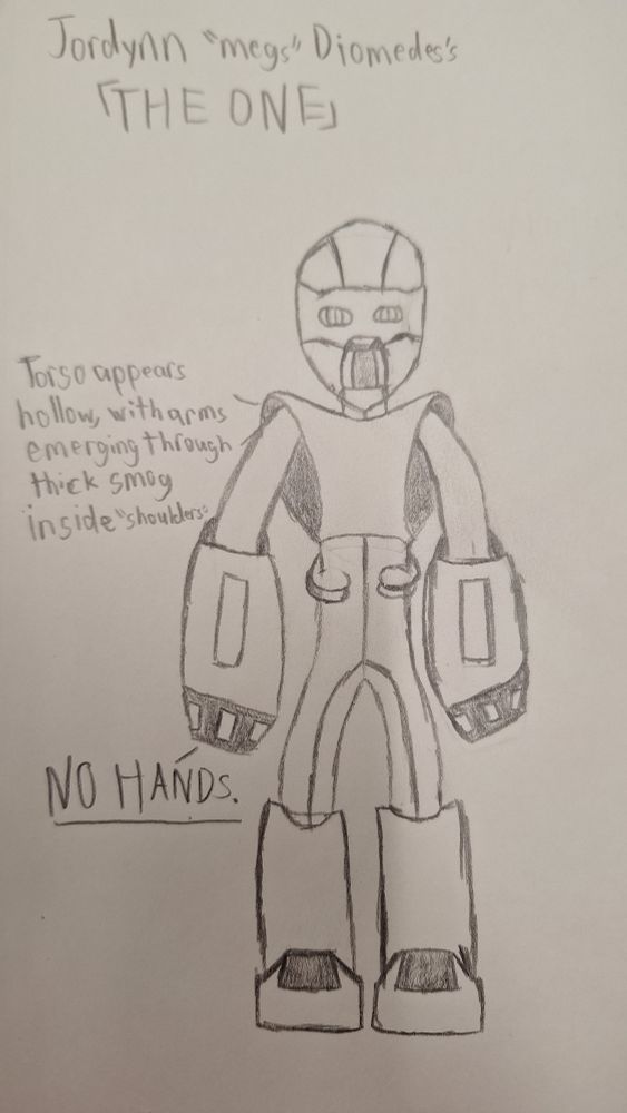 Pencil sketch of Jordynn Diomedes's Stand, 「The One」, a humanoid figure with Mega Man-styled arm cannons.
