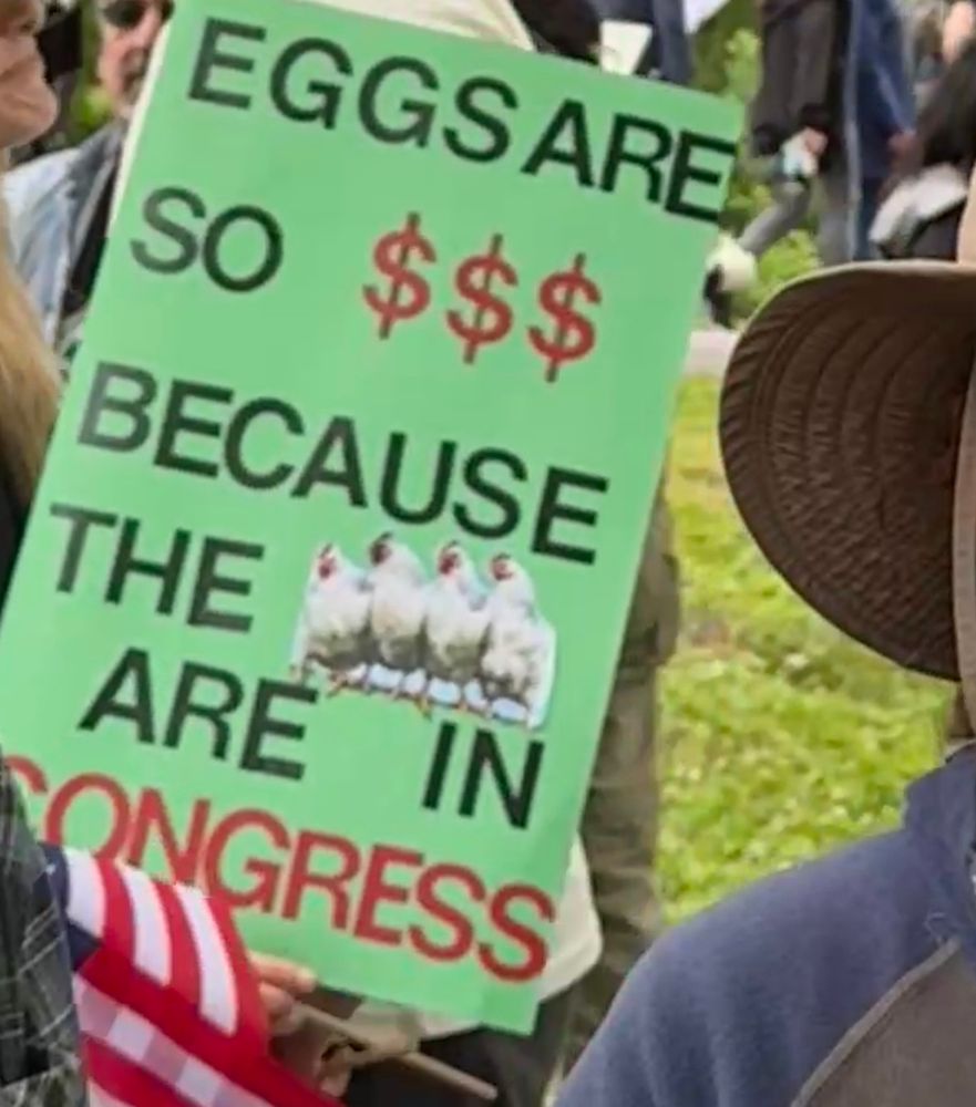 Sign readung “eggs are so $$$ because the [picture of chickens] are in congress”