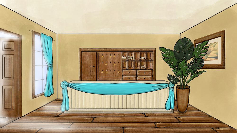 A drawing of the reception area of the inn from the other side. To the left is a door and a window, and to the right is a wall with a painting and a giant monstera. Ahead is a desk with some teal fabric decorations. Behind it is a piece of furniture with keys and cubbyholes.