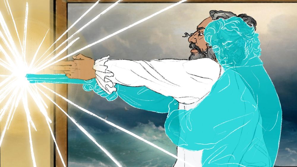 Ed is telling the story of Chauncey getting shot. He's holding his arm out. Ghostly blue Stede is behind him, hugging him with his eyes closed, and has his arm out holding the gun like Ed is miming