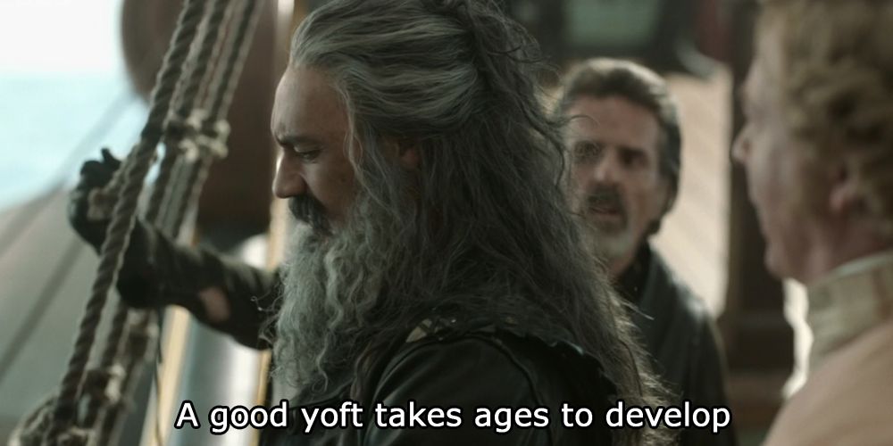 A shot of Ed on the revenge from season one saying “a good fuckery takes ages to develop” except it says “a good YOFT takes ages to develop”