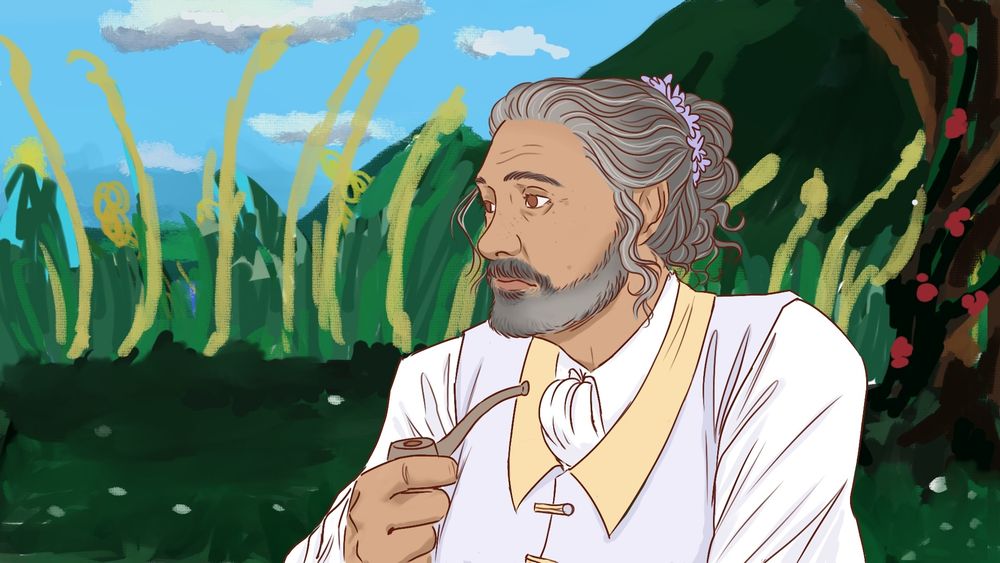 A drawing of Ed smoking his pipe next to Izzy's grave