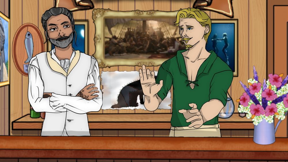 Still at the bar. Ed has his arms crossed and Applejack looks apologetic