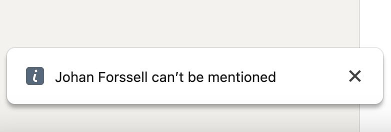 LinkedIn toast message saying Johan Forssell can’t be mentioned 