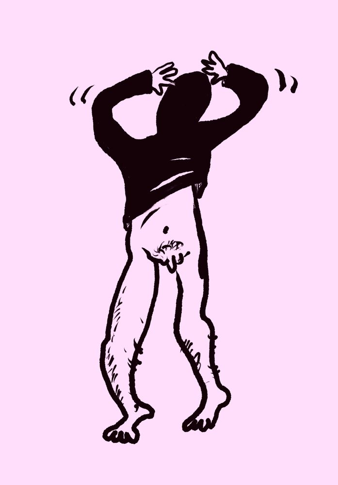 Crudely drawn  representation of a man naked save for a black hoody worn backwards.