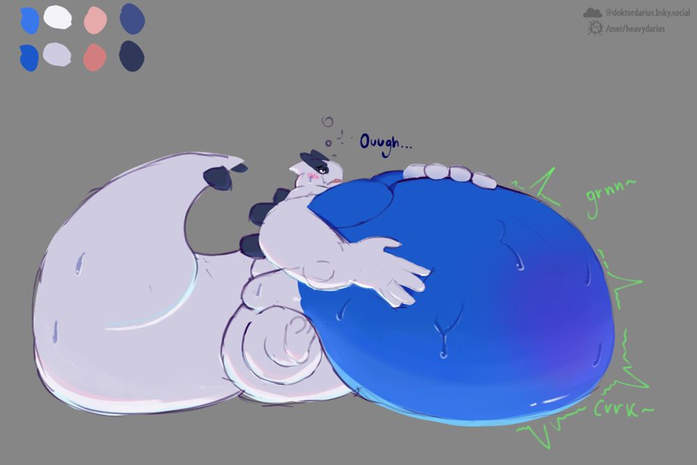 An overstuffed lugia laying on the ground, rubbing their own belly
