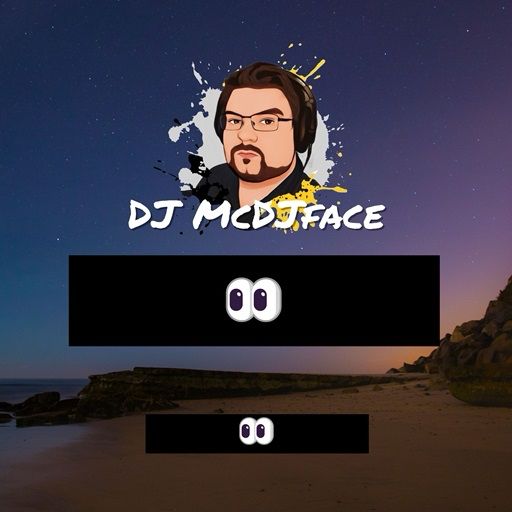 Album art showing DJ McDJface’s logo with a beach scene at night in the background, the collaborating artist’s logo is redacted along with the track title with blinky eye emojis 