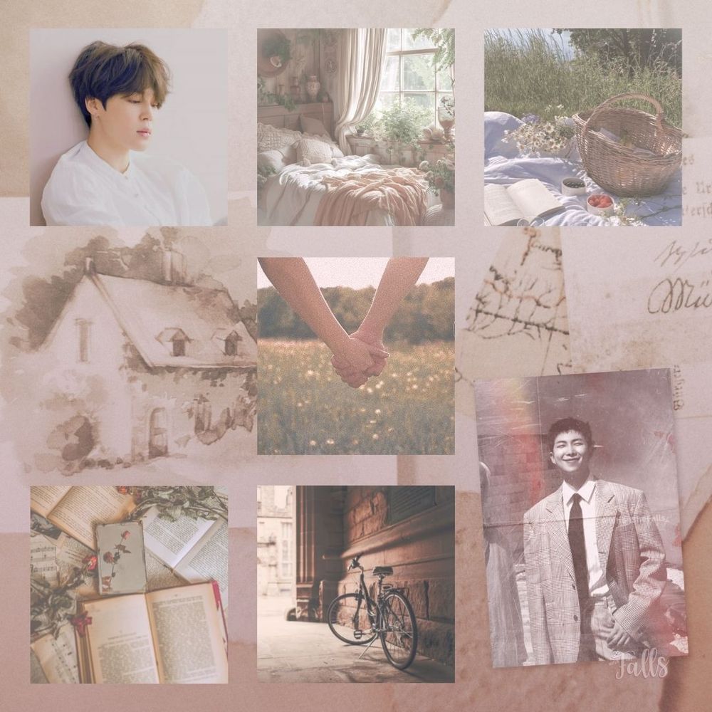 a minimoni vintage cottage inspired moodboard. top row: jimin > bed sheets > picnic
middle row: a couple holding hands in a field
bottom row: open books > bicycle by wall > old fashioned photo of namjoon