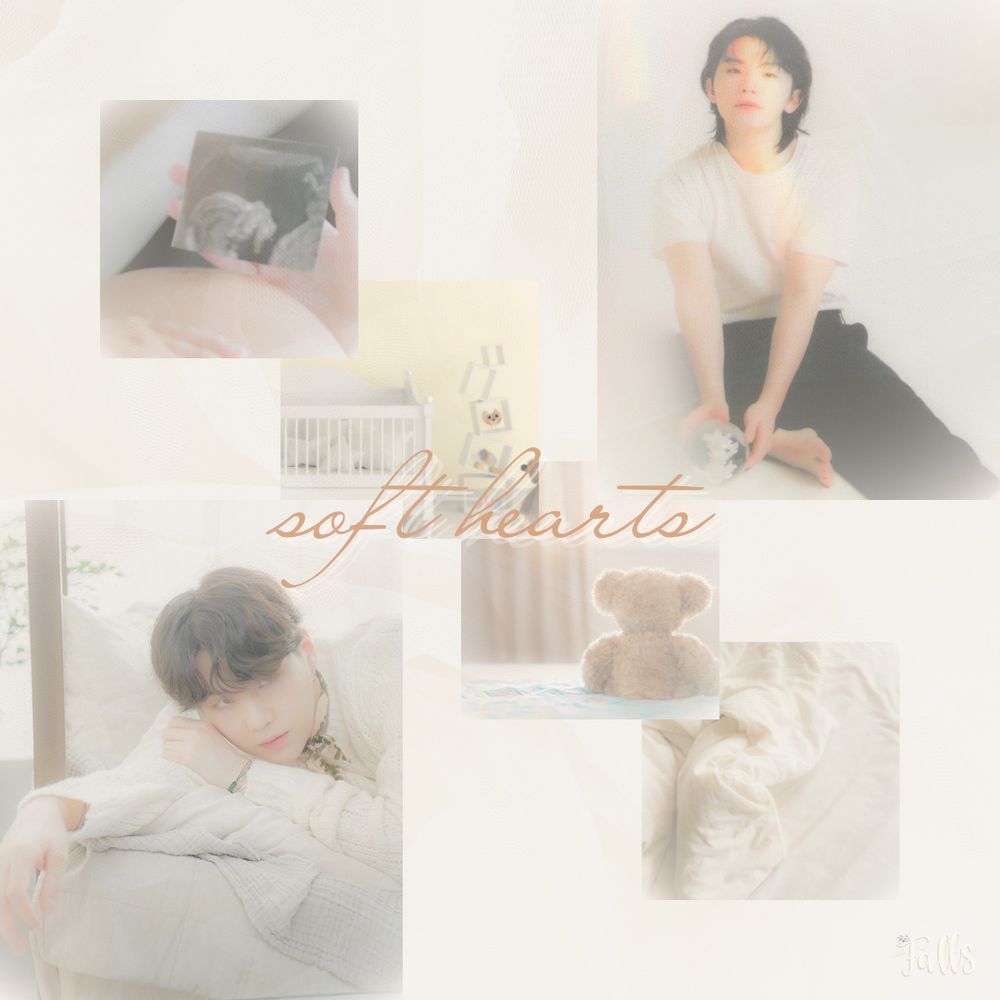 soft hearts by whenshefalls moodboard (small images left to right: sonograph of baby, baby nursery, teddy bear on a bed, soft bed sheets. large images left to right: Yoongi from BTS, Jihoon from Seventeen))
