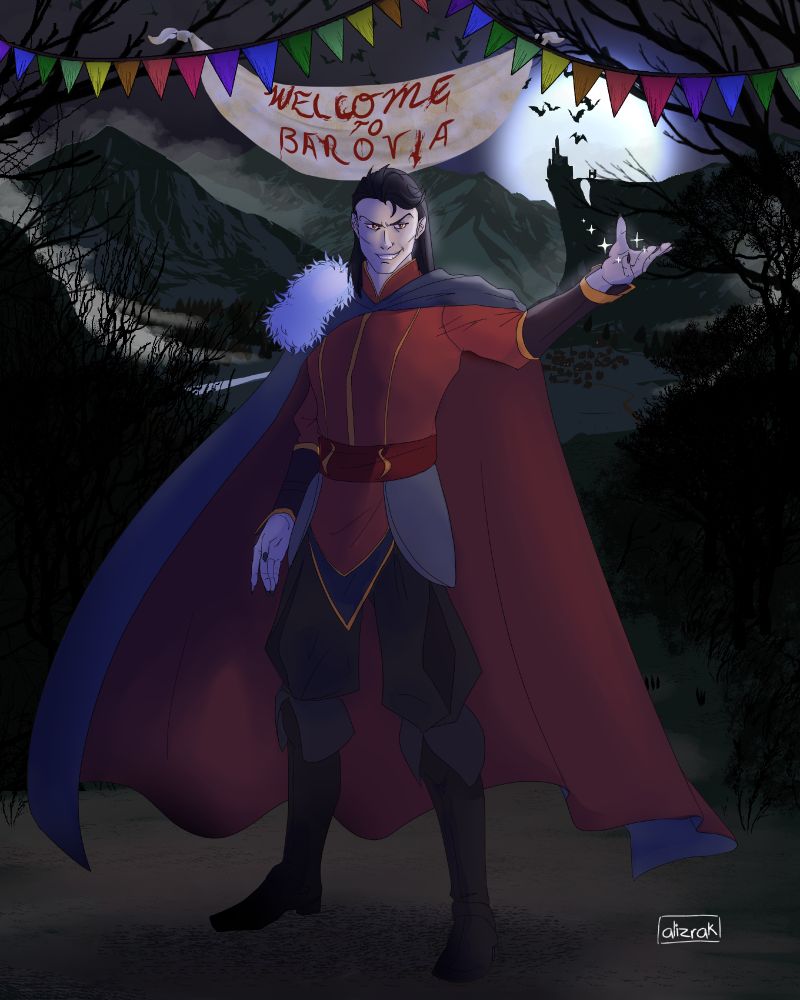 commission of Strahd von Zarovich in front of Barovia in a night with moon and the castle Ravenloft in the horizon surrounded by mist.