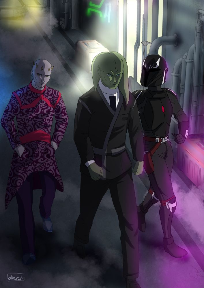 The characters from Star Wars RPG walking down the lower streets of Coruscant with neon lights around them. They are a zabrak, a twilek and a mandalorian. 