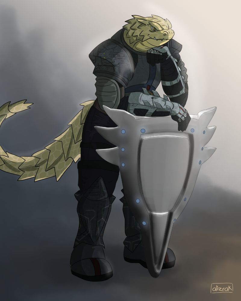 A vesk vanguard based on a armadillo lizard, from Starfinder RPG.