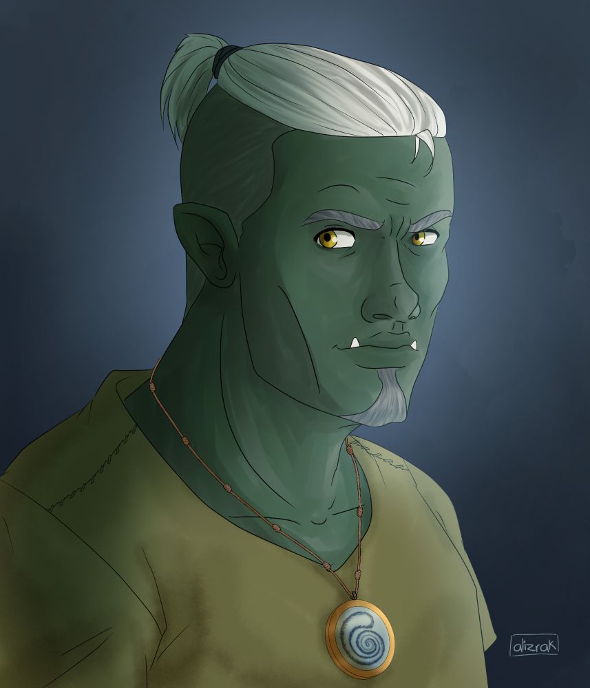 Gorrendux, Half-orc cleric of Pharasma, from Pathfinder RPG 1e Rise of the Runelords Adventure Path campaign.