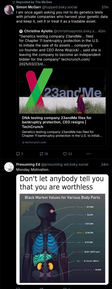 A post explaining why it's bad to use private genetics companies as they'll sell your data NEXT TO a post about the monetary value of your organs on the black market 