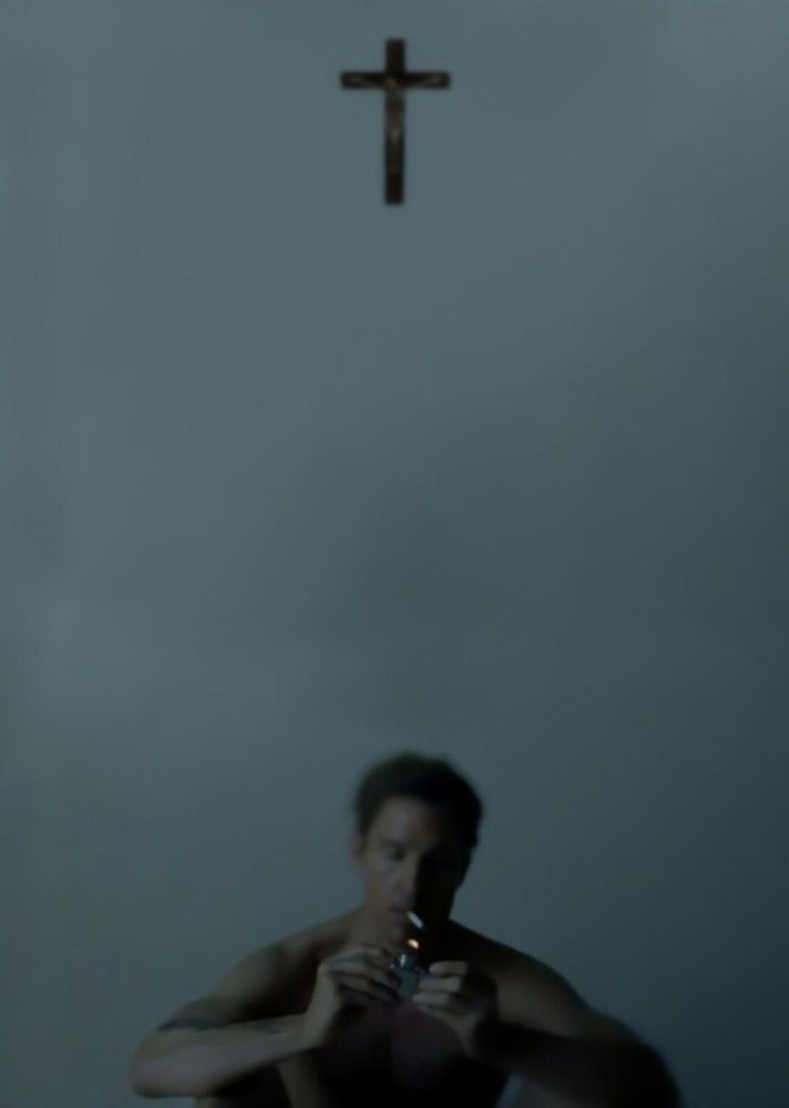 rust cohle, true detective, smoking under a cross, stylised