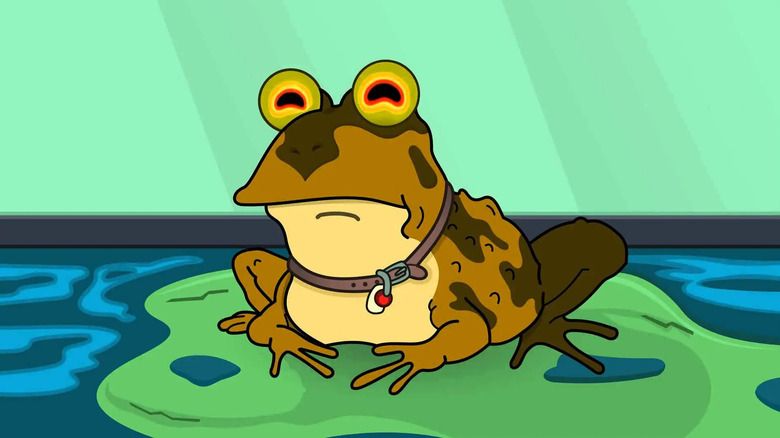 The Hypno toad from Futurama. A Toad with strange red, yellow, and green eyes sits on a lily pad.