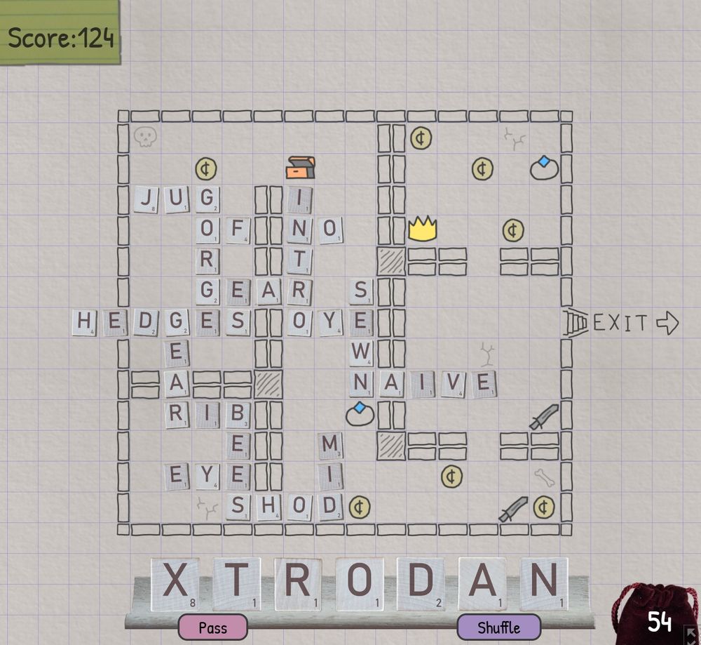 A video game screenshot. Main view is a grid with a map drawn over it, with a number of wooden letter tiles placed on the map forming words in a grid pattern. A score shows in the top left. A rack of tiles is at the bottom of the screen, with a set of larger wooden letter tiles on them. Below that is a pass and shuffle button. A cloth bag is the in the bottom right with a number superimposed (the number of tiles in the bag)