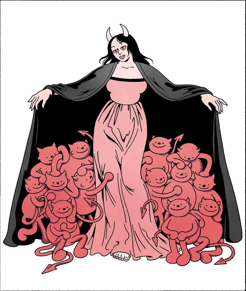 A digital drawing of a demonic woman who resembles some depictions of the the Virgin Mary with a group of imps.