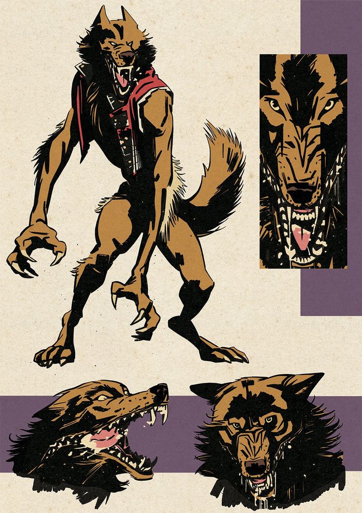 Figure and head designs of a werewolf from the upcoming comic, "The Night Brigade" (in color)