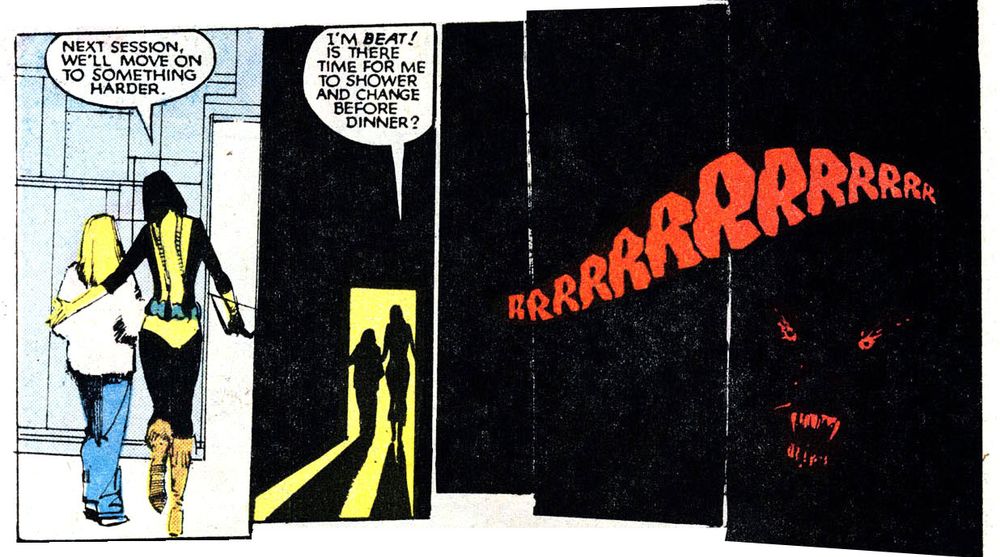 A scene from Marvel's New Mutants #18, where Magik and Morningstar are leaving a darkened room and a mythic bear left behind them is growling.