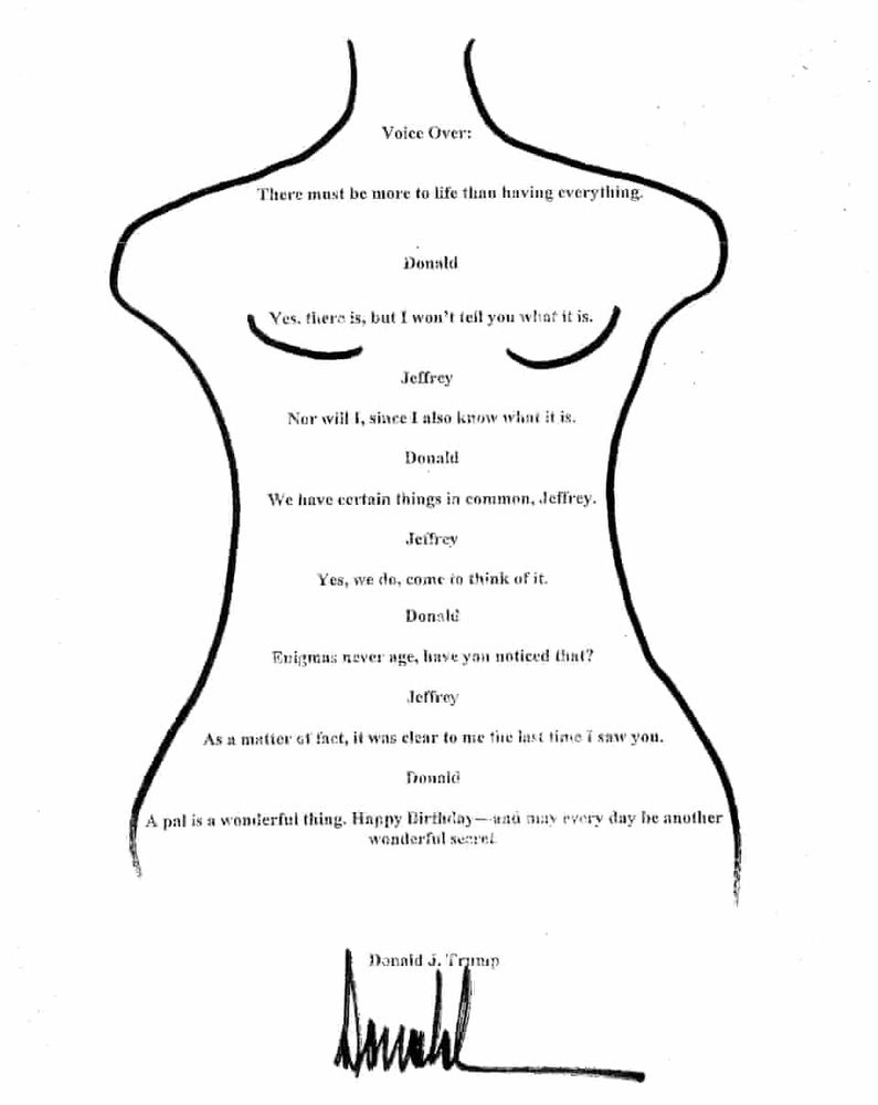 Image of letter Donald Trump sent to Epstein for his 50th birthday. It is a line drawing of a woman from her neck to her hips, with two curves for her breasts, and Trump's signature serving as the woman's pubic hair. 